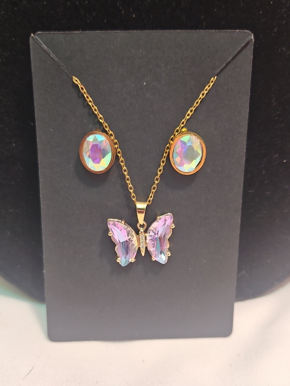 Gold Butterfly Pendant Necklace with Iridescent Crystal Earrings - Women Jewelry